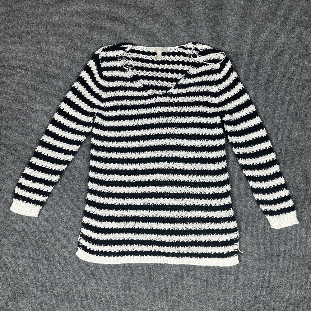 Dana Buchman Black White Striped Crochet Knit Sweater Womens Large Long Sleeve